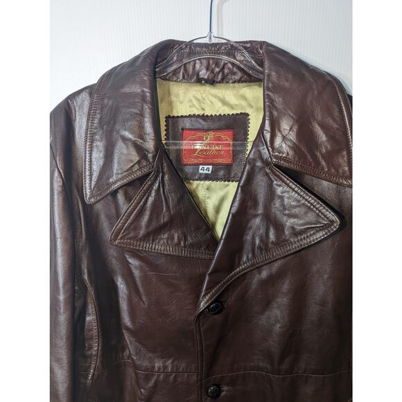 Vintage 70's Brown Leather Jacket Mid Length Trench Coat Men's 3 Button - Picture 3 of 9